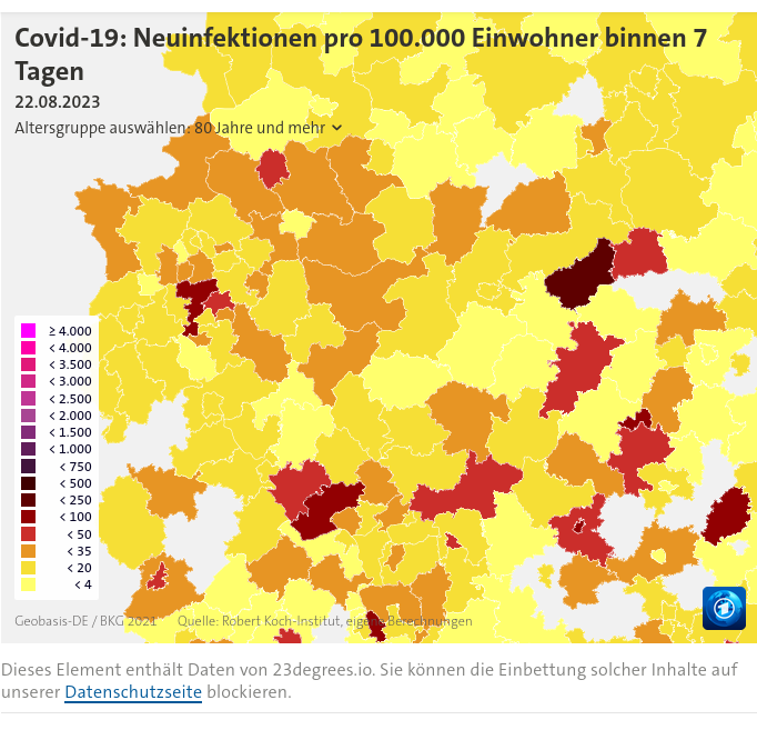 Coronavirus-Lage in D 22.8.23 Alter/> 80 Jahre“ /></p>
<p>Die letzte Abwasseranalyse NRW auf Coronavirus vom 12.7.23 zeigt niedrige Werte. Seitdem ist die Grafik nicht aktualisiert worden.</p>
							</div>
						</div>
					</div>

				</article><!-- #comment-## -->

				</li><!-- #comment-## -->

			<li id=