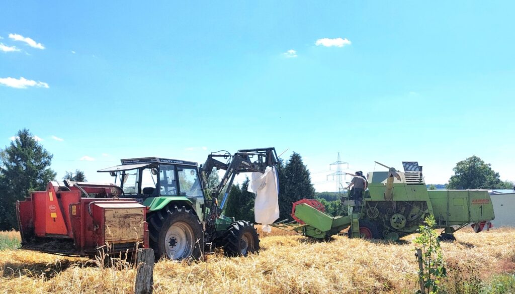Mähdrescher und Traktor mit Ernte eines Haferfeldes beim Schultenhof